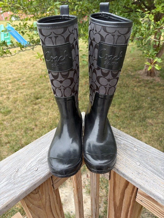 Coach Shoes - Coach Black Logo-Print Tall Rain Boots